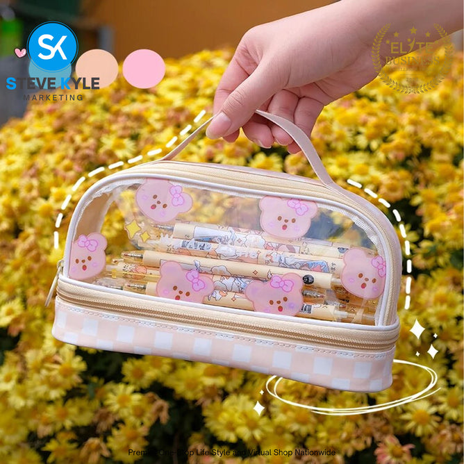 Big Capacity Transparent 2 Layer Pencil Case Kawaii School Students Pencil