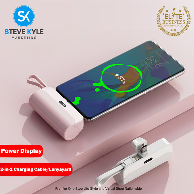 Portable Mini Power Bank Charger for USB C Android Device (Direct Plugin) and for iPhone Apple (Wired)