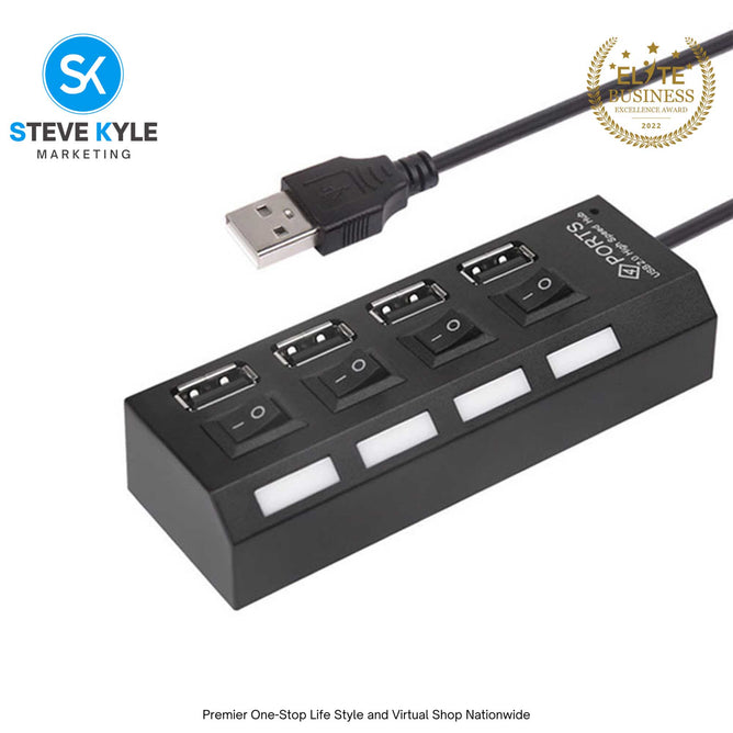 Multi Port USB Hub 4 Port USB 2.0 Hub On/Off Switches DC Power Adapter Cable For PC Laptop