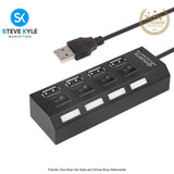 Multi Port USB Hub 4 Port USB 2.0 Hub On/Off Switches DC Power Adapter Cable For PC Laptop