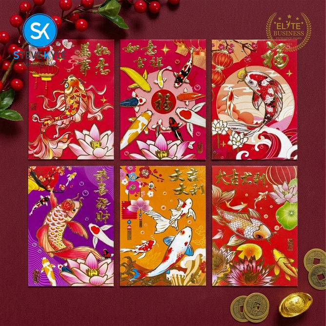 Steve Kyle Six Pieces Traditional Red Angpao Money Envelope with Gold Stamping Decoration Fortune and Prosperity Designs Ampao