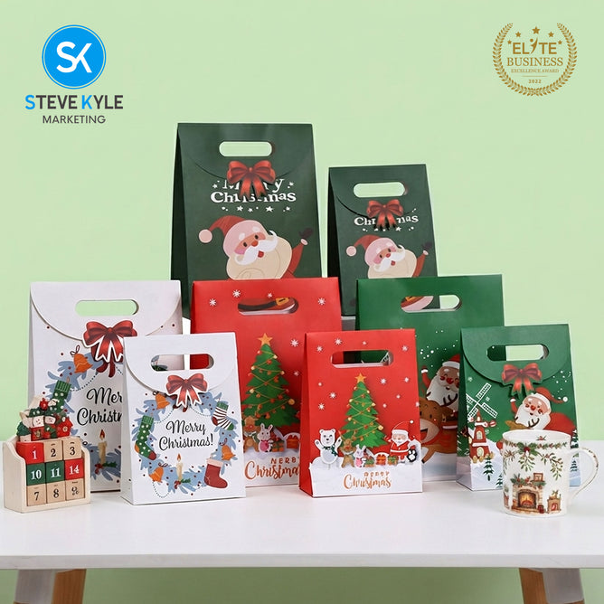 Steve Kyle Five Pieces Festive Christmas Design Gift Paper Bag with Magic Tape Closure For Christmas Gift Packaging