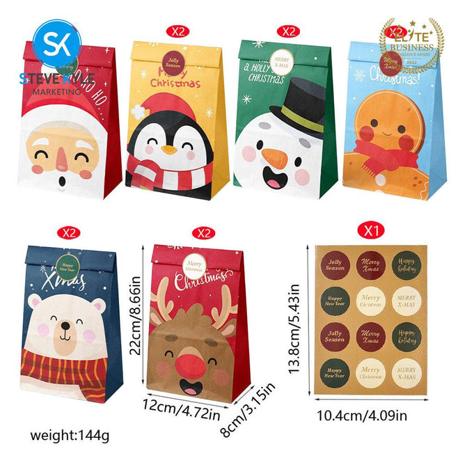Steve Kyle 12-Piece Christmas Paper Party Favor Bags with Stickers for Holiday Treats and Small Gifts