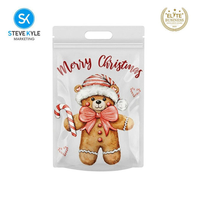 Steve Kyle Fifty Pieces Christmas Bear Gnomes Gingerbread Design Resealable Stand Up Packaging Bag with Die-Cut Handle