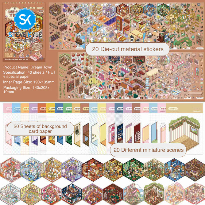Steve Kyle Creative Multi-Scene Decorative Sticker Book With Miniature Town Designs
