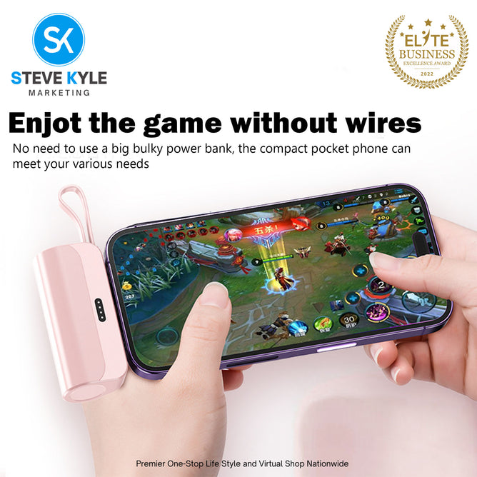 Portable Mini Power Bank Charger for USB C Android Device (Direct Plugin) and for iPhone Apple (Wired)