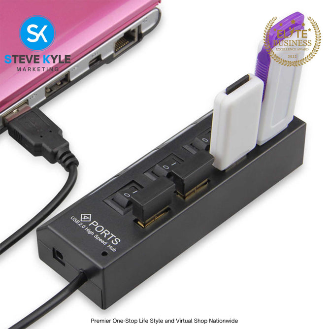 Multi Port USB Hub 4 Port USB 2.0 Hub On/Off Switches DC Power Adapter Cable For PC Laptop