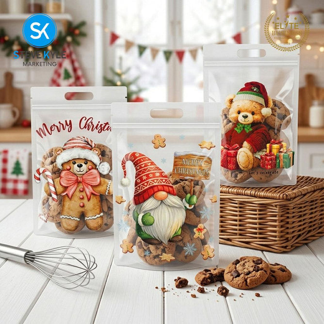 Steve Kyle Fifty Pieces Christmas Bear Gnomes Gingerbread Design Resealable Stand Up Packaging Bag with Die-Cut Handle
