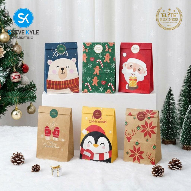 Steve Kyle 12-Piece Christmas Paper Party Favor Bags with Stickers for Holiday Treats and Small Gifts