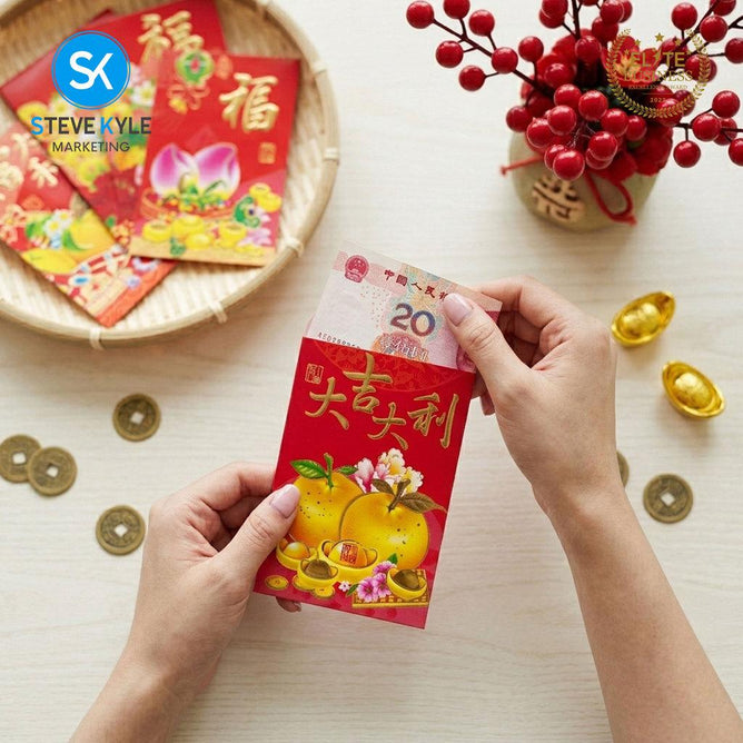 Steve Kyle Six Pieces Traditional Red Angpao Money Envelope with Gold Stamping Decoration Fortune and Prosperity Designs Ampao