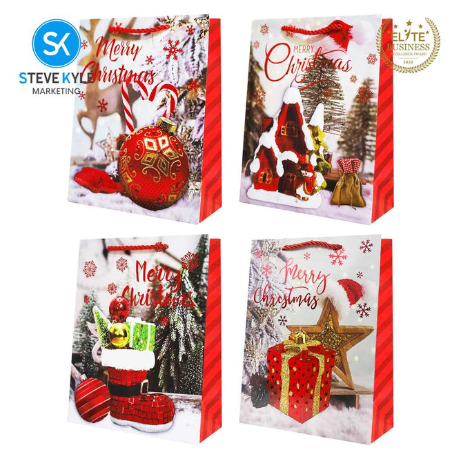Steve Kyle Random Design Christmas Craft Paper Gift Bag with Twisted Rope Handle for Holiday Gifts Party Favors