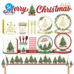 Steve Kyle White Christmas Themed Disposable Paper Plate Cups Napkin Spoon Fork Tableware Set