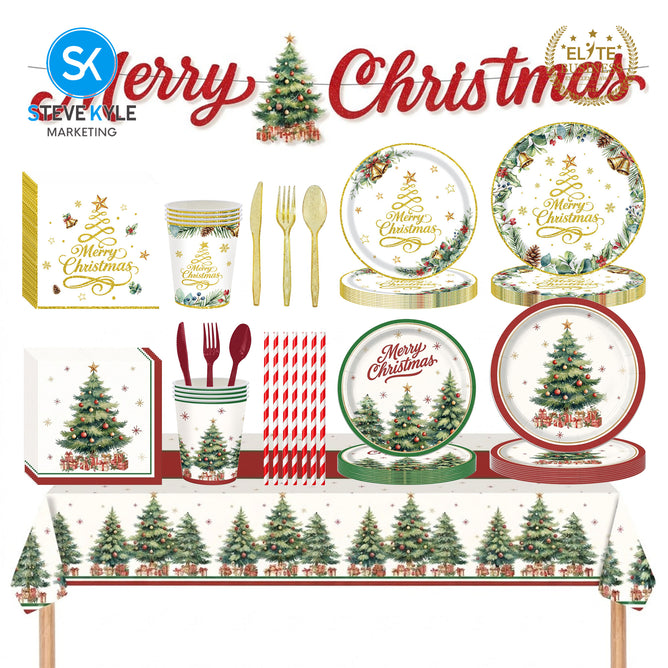 Steve Kyle White Christmas Themed Disposable Paper Plate Cups Napkin Spoon Fork Tableware Set
