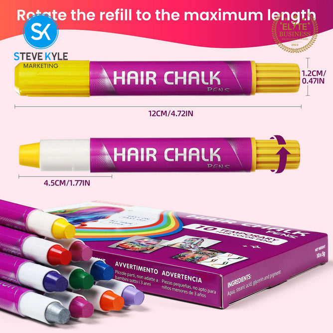 Steve Kyle 10 Color Temporary Hair Chalk Pens Washable Dustless Hair Dye Coloring Set