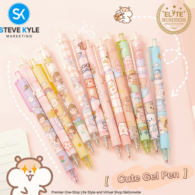 Cute Cartoon Retractable Pen 0.5mm Black Ink Gel Pen SET (6pcs) Stationery School Supplies