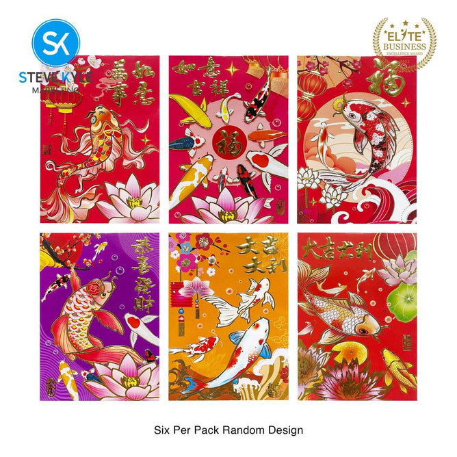 Steve Kyle Six Pieces Traditional Red Angpao Money Envelope with Gold Stamping Decoration Fortune and Prosperity Designs Ampao