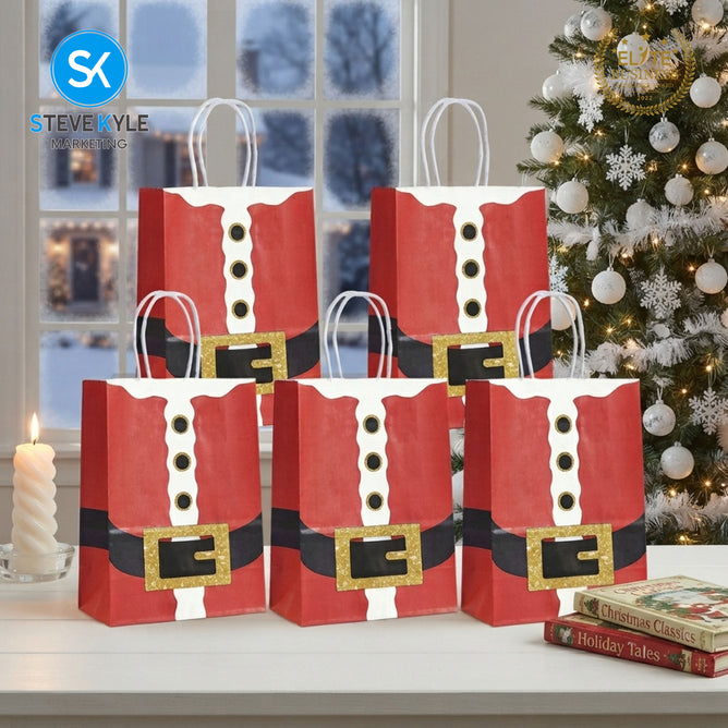 Steve Kyle Five Pieces Christmas Santa Suit Paper Gift Bag with Twisted Handle For Christmas Gift Packaging