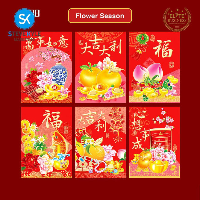 Steve Kyle Six Pieces Traditional Red Angpao Money Envelope with Gold Stamping Decoration Fortune and Prosperity Designs Ampao