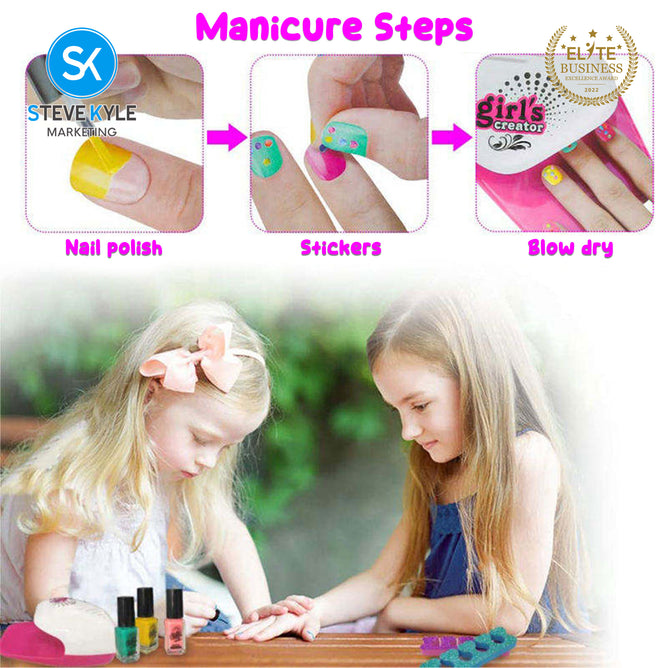Steve Kyle Kids Cute Nail Art Manicure Set With Water-Based Peel Off Polish Nail Dryer