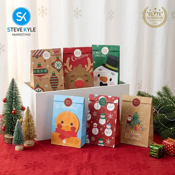 Steve Kyle 12-Piece Christmas Paper Party Favor Bags with Stickers for Holiday Treats and Small Gifts