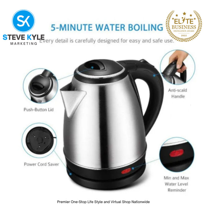 2L Capacity Fast Boiling Electric Kettle Stainless Steel Easy & Convenient Water Heater