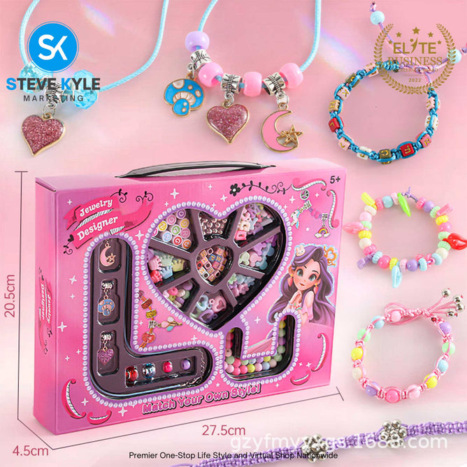 Kids Beaded Necklace & Bracelet Set Girls' Handmade DIY Jewelry Making Pink Hearts & Christmas Themed Best Gift Toy