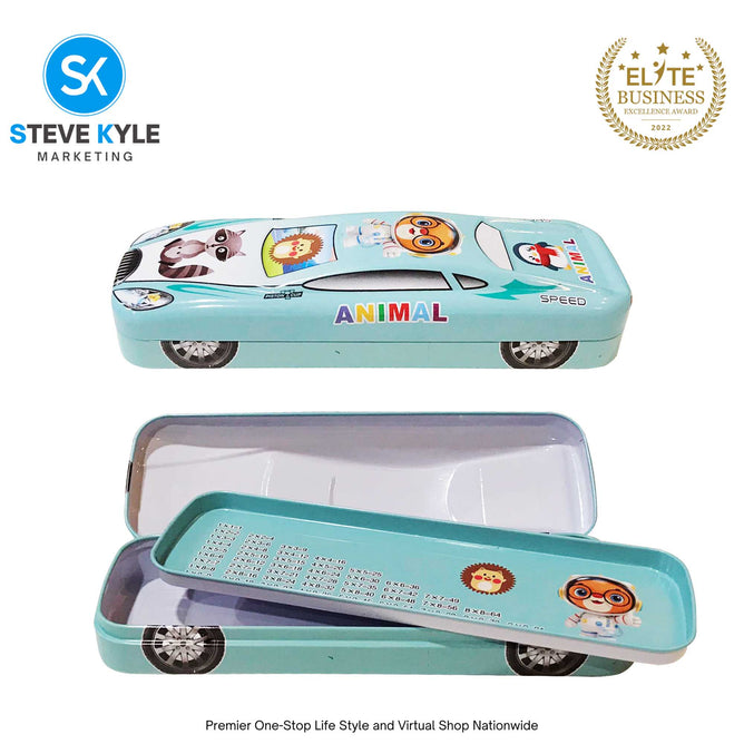 2 Layer Metal Pencil Case with Cartoon Car Design for Kids