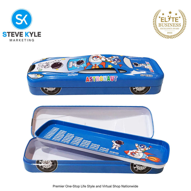 2 Layer Metal Pencil Case with Cartoon Car Design for Kids