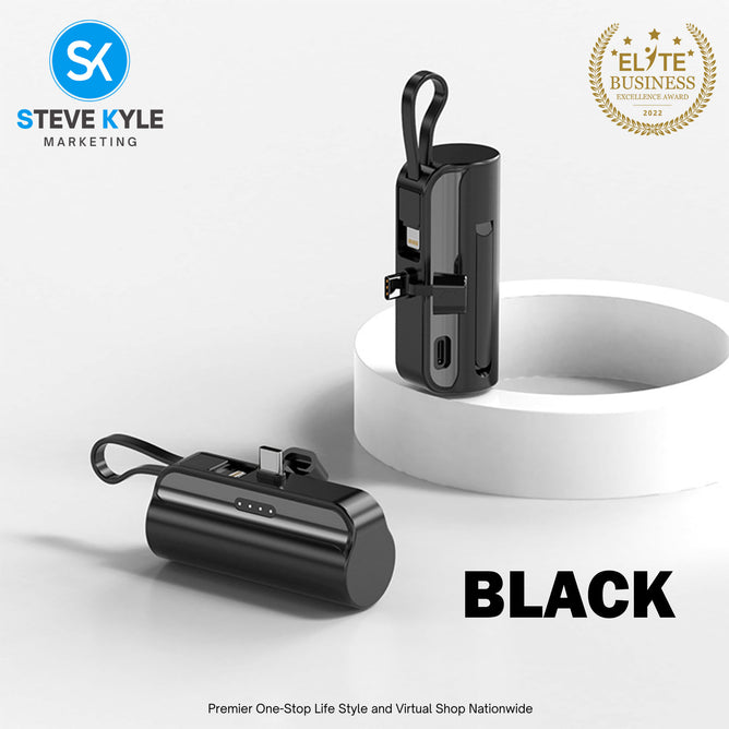 Portable Mini Power Bank Charger for USB C Android Device (Direct Plugin) and for iPhone Apple (Wired)