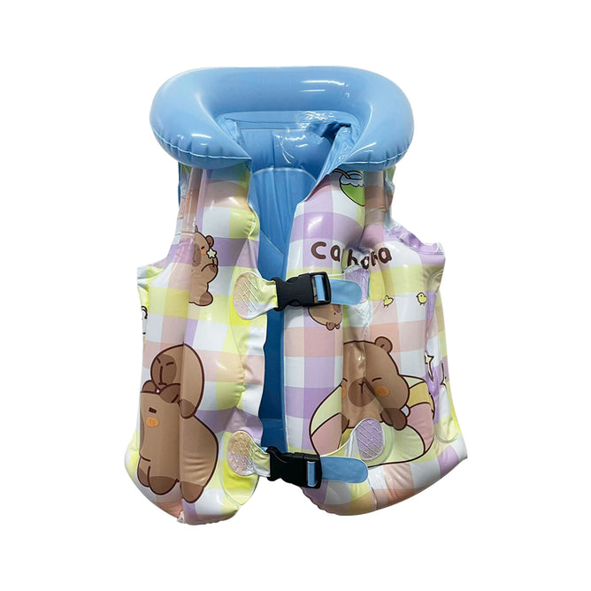 Inflatable Adjustable Buckle Strap Swim Vest Checkered Design Life Jacket For Kids