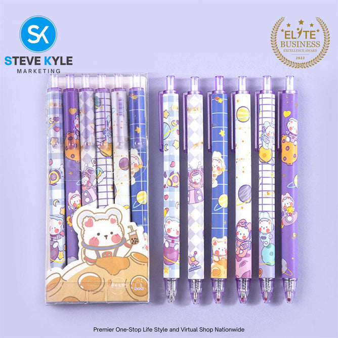 Cute Cartoon Retractable Pen 0.5mm Black Ink Gel Pen SET (6pcs) Stationery School Supplies