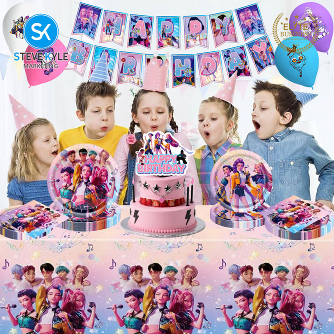 Steve Kyle Multicolored Cartoon Design Disposable Paper Plates Cup Tablecloth Cake Socket Birthday Party Decorations Tableware Set For Kids