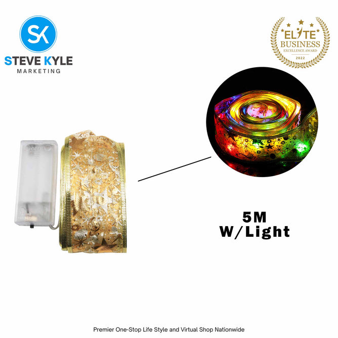 5M/Christmas Ribbon Fairy Lights Decor Christmas Lace Ribbon Bows With LED For Christmas Tree