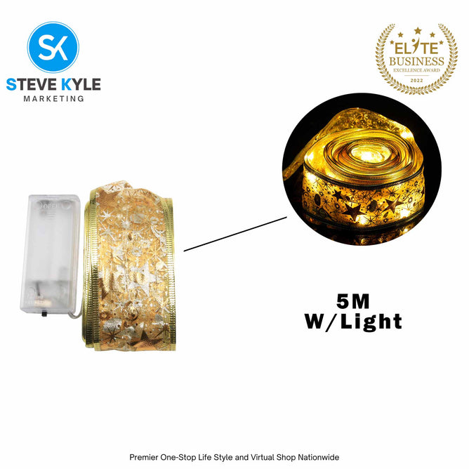 5M/Christmas Ribbon Fairy Lights Decor Christmas Lace Ribbon Bows With LED For Christmas Tree