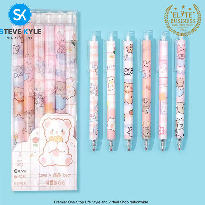 Cute Cartoon Retractable Pen 0.5mm Black Ink Gel Pen SET (6pcs) Stationery School Supplies