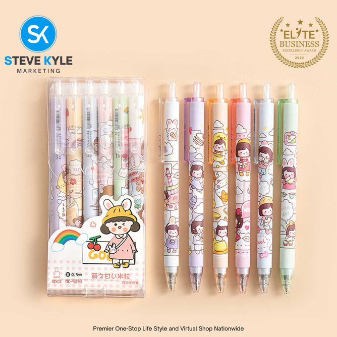 Cute Cartoon Retractable Pen 0.5mm Black Ink Gel Pen SET (6pcs) Stationery School Supplies