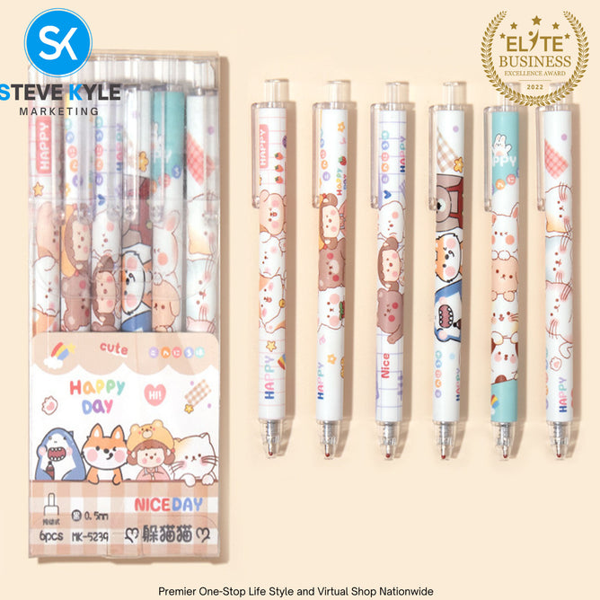 Cute Cartoon Retractable Pen 0.5mm Black Ink Gel Pen SET (6pcs) Stationery School Supplies