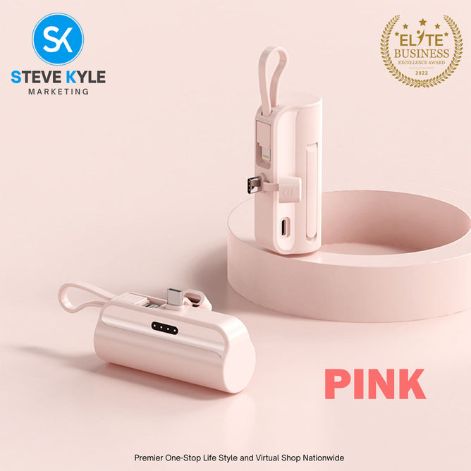 Portable Mini Power Bank Charger for USB C Android Device (Direct Plugin) and for iPhone Apple (Wired)