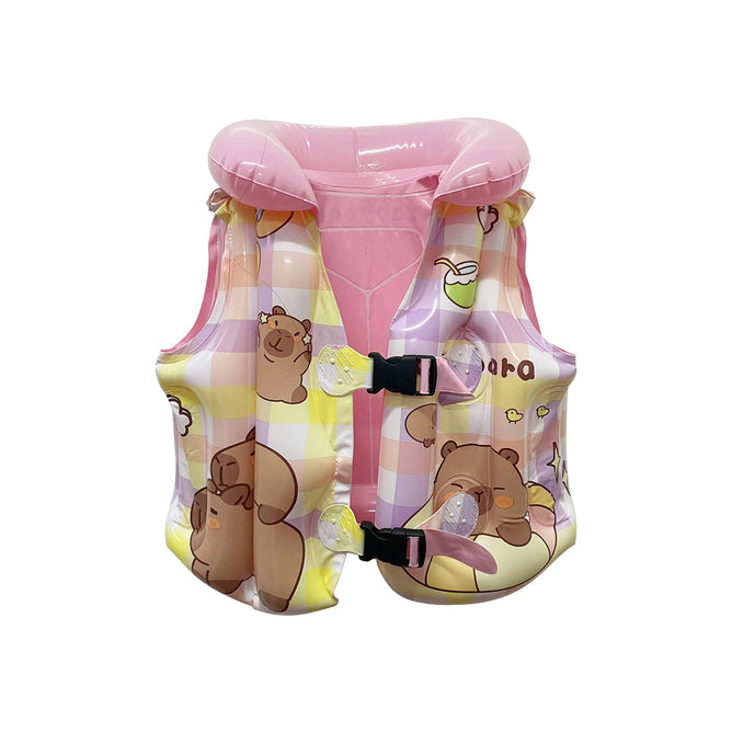 Inflatable Adjustable Buckle Strap Swim Vest Checkered Design Life Jacket For Kids