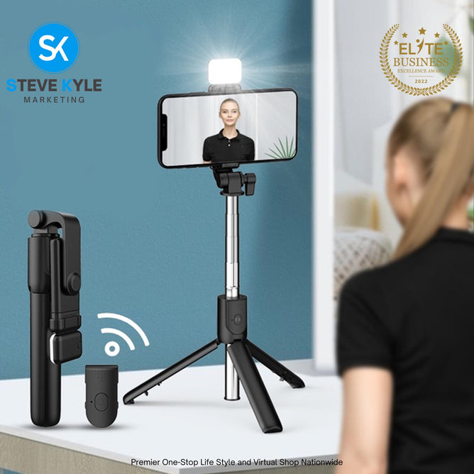 Wireless Bluetooth Foldable Selfie Stick Tripod with Fill Light Adjustable Monopod Remote Shutter