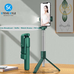Wireless Bluetooth Foldable Selfie Stick Tripod with Fill Light Adjustable Monopod Remote Shutter