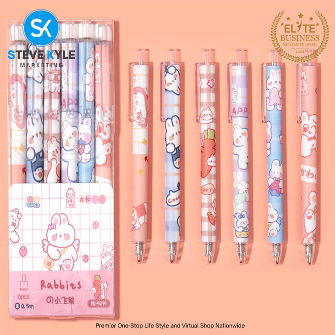 Cute Cartoon Retractable Pen 0.5mm Black Ink Gel Pen SET (6pcs) Stationery School Supplies