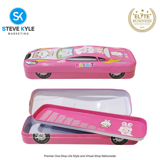 2 Layer Metal Pencil Case with Cartoon Car Design for Kids