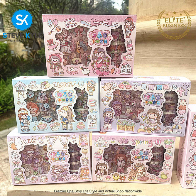 Cartoon Sticker & Tape Random (1 Box Set) Waterproof Kawaii Stationery Supplies
