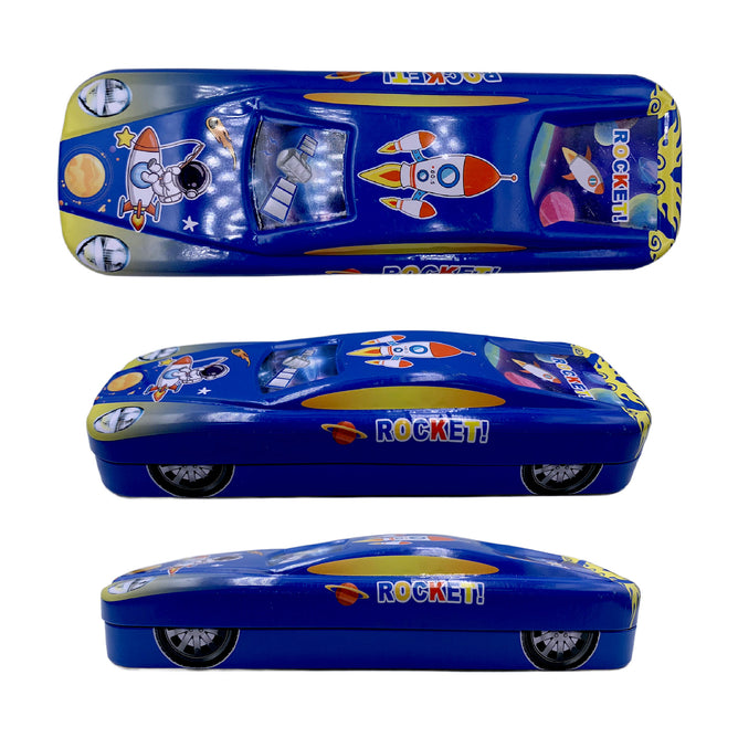 2 Layer Metal Pencil Case with Cartoon Car Design for Kids