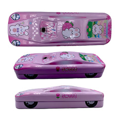 2 Layer Metal Pencil Case with Cartoon Car Design for Kids