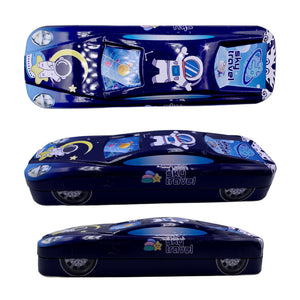 2 Layer Metal Pencil Case with Cartoon Car Design for Kids