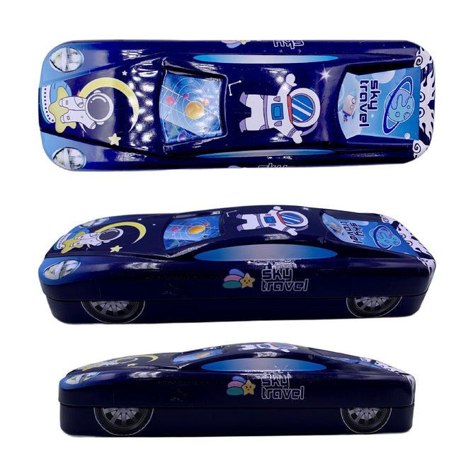 2 Layer Metal Pencil Case with Cartoon Car Design for Kids