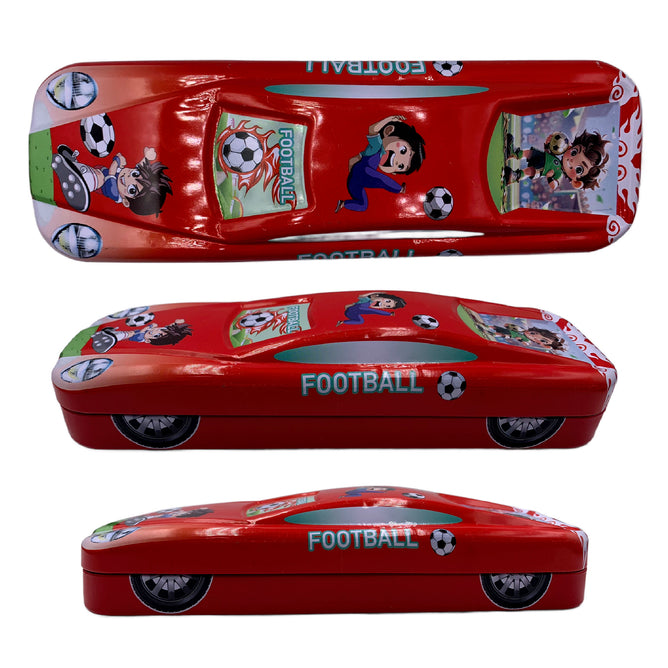 2 Layer Metal Pencil Case with Cartoon Car Design for Kids