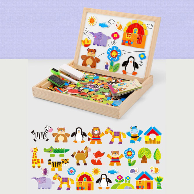 Multi-functional Magnetic Farm Wooden Jigsaw Puzzle Double-Sided Drawing Board Building Blocks for Kids